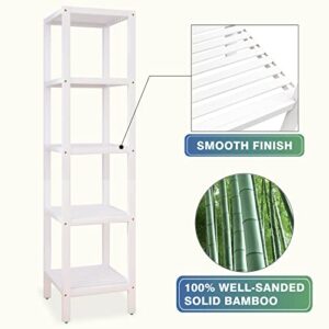 SMIBUY Bathroom Storage Shelf, 5-Tier Bamboo Rack Organizer, Multifunctional Shelving Unit for Living Room Bedroom Kitchen (White)