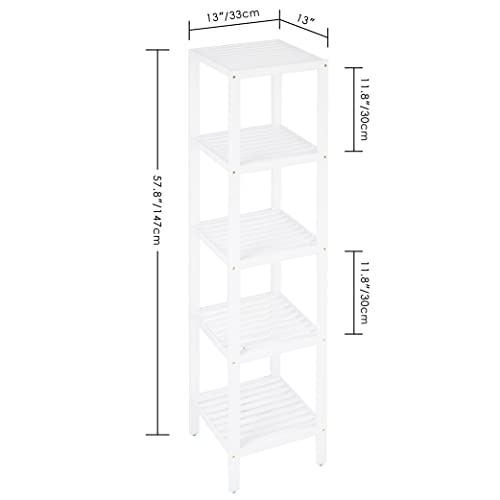 SMIBUY Bathroom Storage Shelf, 5-Tier Bamboo Rack Organizer, Multifunctional Shelving Unit for Living Room Bedroom Kitchen (White)