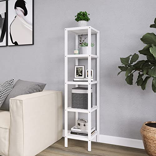 SMIBUY Bathroom Storage Shelf, 5-Tier Bamboo Rack Organizer, Multifunctional Shelving Unit for Living Room Bedroom Kitchen (White)