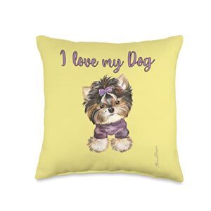 frieser designs i love cute yorkshire terrier dog puppies throw pillow, 16x16, multicolor