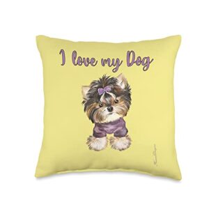 Frieser Designs I Love Cute Yorkshire Terrier Dog Puppies Throw Pillow, 16x16, Multicolor