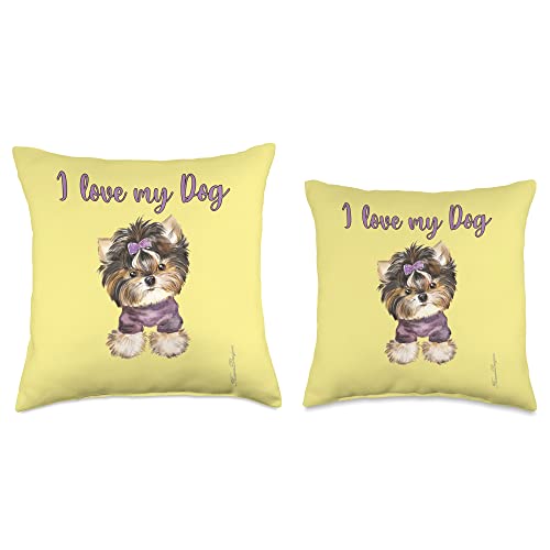 Frieser Designs I Love Cute Yorkshire Terrier Dog Puppies Throw Pillow, 16x16, Multicolor