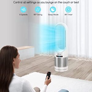 ZICOOLER 32" Tower Fan, 80° Oscillating Bladeless Cooling Fan Air Purifier Combo with Remote, 8 Speeds, 8H Timer, LED Display with Auto Off, Portable Floor Fan for Home Bedroom Living Rooms Office