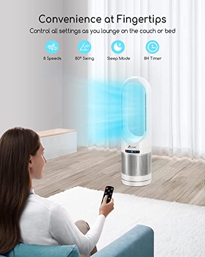 ZICOOLER 32" Tower Fan, 80° Oscillating Bladeless Cooling Fan Air Purifier Combo with Remote, 8 Speeds, 8H Timer, LED Display with Auto Off, Portable Floor Fan for Home Bedroom Living Rooms Office