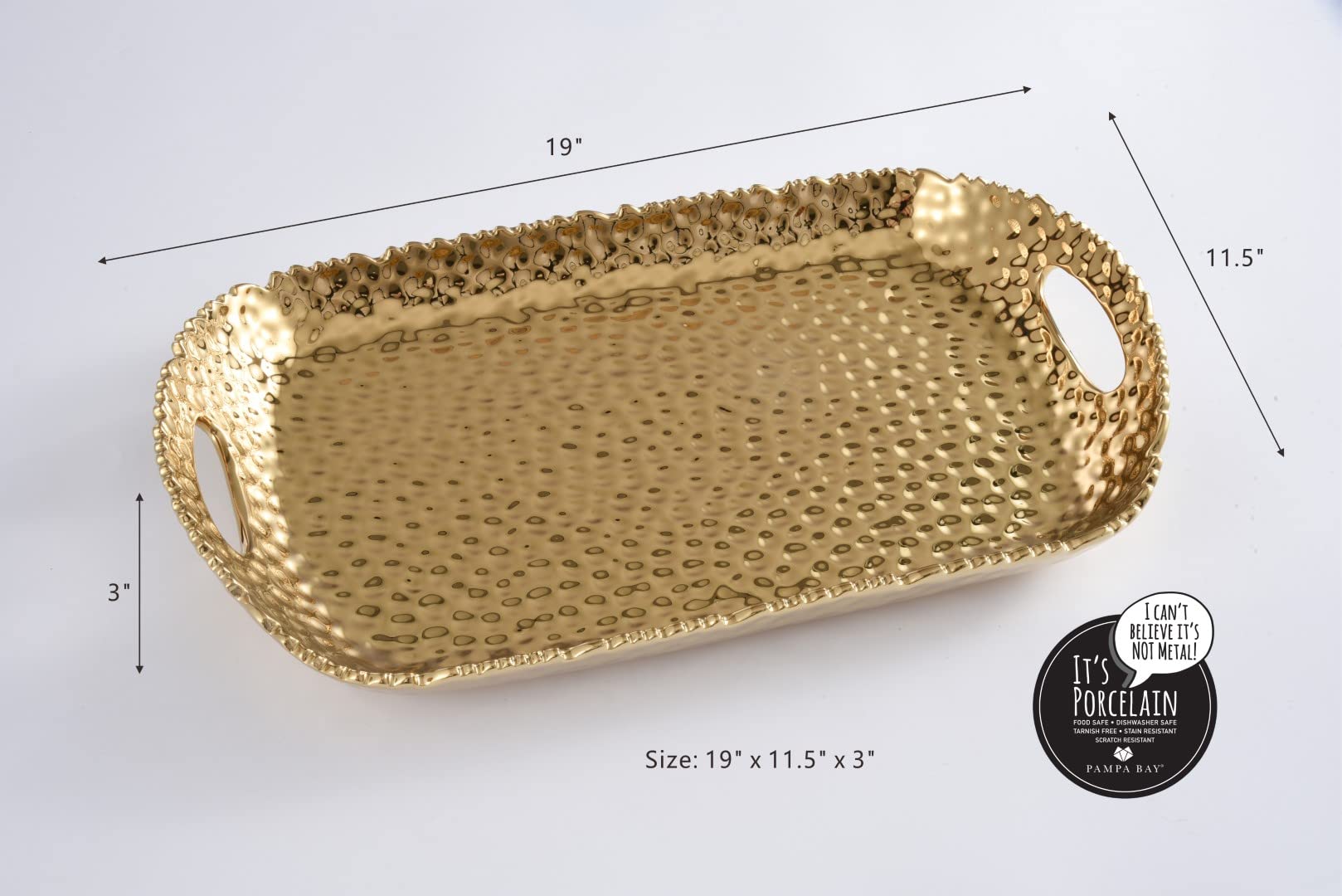 Pampa Bay Golden Millenium Titanium-Plated Porcelain Rectangular Tray with Handles, 19 X 11.5 X 3in