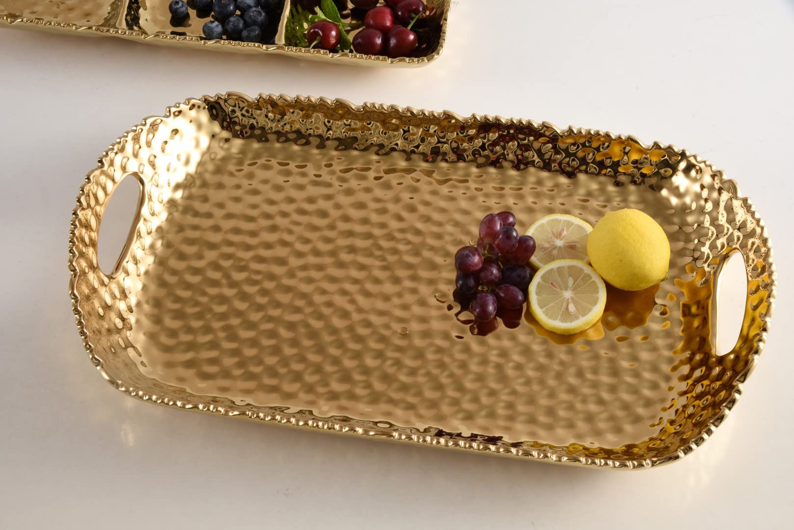 Pampa Bay Golden Millenium Titanium-Plated Porcelain Rectangular Tray with Handles, 19 X 11.5 X 3in