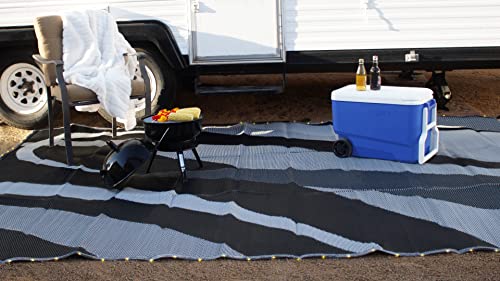 Stylish Camping LED Illuminated Patio Mat - Reversible RV Home Mat, White/Black with LEDs Light, 8x18