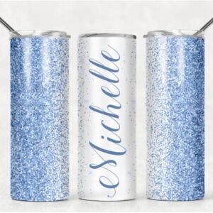 Personalized Insulated 20oz Tumbler | Stainless Steel Insulated Cup | Travel Cup | Double Wall Coffee Cup for Hot and Cold Drinks | Light Sky Blue Glitter Effect with Name