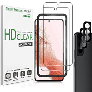 amfilm hybrid screen protector for samsung galaxy s22 plus 5g 6.6 inch, samsung galaxy s22 + 5g 6.6 inch, fingerprint compatible, camera lens protector, hd clear, thermoplastic elastomers, 2 pack