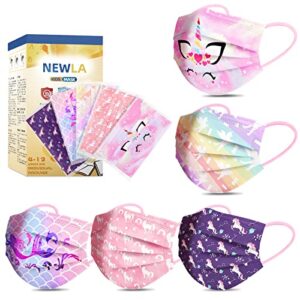 kids disposable face masks, 50 pack kids mask for girls 4-12, individually wrapped colorful unicorn pattern 3 ply kids face masks