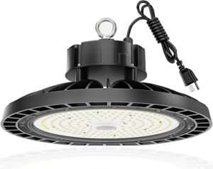 super bright ufo led high bay light 150w 22500lm 5000k, 30% brighter than normal led, alternative to 600w mh/hps for shop garage barn warehouse factory gym, 100-277v, ul us plug 5’ cable, ip65