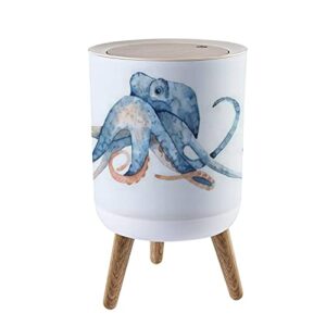 ibpnkfaz89 small trash can with lid watercolor hand drawn of octopus in blue color isolated on white garbage bin wood waste bin press cover round wastebasket for bathroom bedroom office kitchen