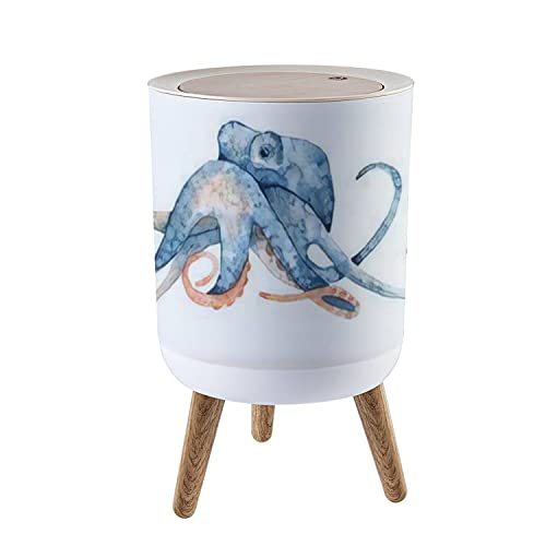 IBPNKFAZ89 Small Trash Can with Lid Watercolor Hand Drawn of Octopus in Blue Color Isolated on White Garbage Bin Wood Waste Bin Press Cover Round Wastebasket for Bathroom Bedroom Office Kitchen