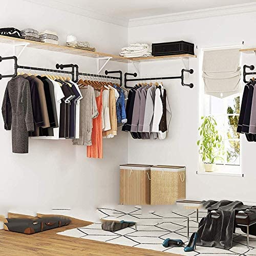 XYYXDD Simplicity Clothes Rail,Wall-Mounted Industrial Style Clothing Display Stand Horizontal Bar Hangers Easy to Install/Black/117 * 24.9Cm