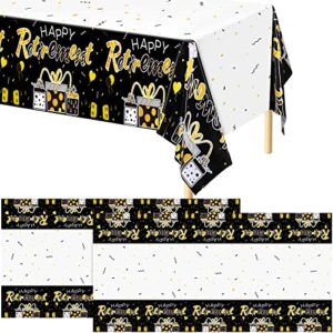 durony 2 pieces happy retirement plastic tablecloths table covers large size 54 x 108 inch waterproof retirement table cover retirement party table cover for retirement party decorations, black gold