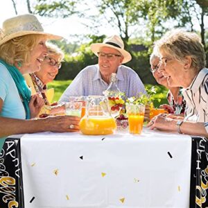 durony 2 Pieces Happy Retirement Plastic Tablecloths Table Covers Large Size 54 x 108 Inch Waterproof Retirement Table Cover Retirement Party Table Cover for Retirement Party Decorations, Black Gold