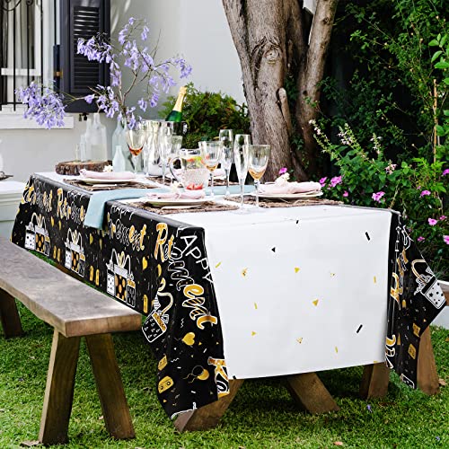 durony 2 Pieces Happy Retirement Plastic Tablecloths Table Covers Large Size 54 x 108 Inch Waterproof Retirement Table Cover Retirement Party Table Cover for Retirement Party Decorations, Black Gold