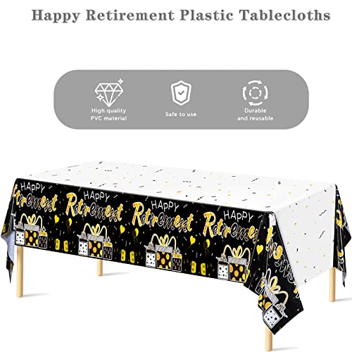 durony 2 Pieces Happy Retirement Plastic Tablecloths Table Covers Large Size 54 x 108 Inch Waterproof Retirement Table Cover Retirement Party Table Cover for Retirement Party Decorations, Black Gold