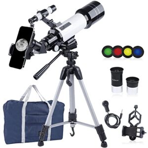 telescope for adults astronomy, 70mm aperture 400mm refractor astronomical telescope for kids adults beginners with carrying bag phone adapter moon filter white