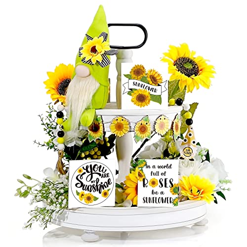 Yookeer 13 Pieces Sunflower Tiered Tray Decor Sunflower Wooden Kitchen Signs Sunflower Gnome Flags Faux Flower Beaded Garland Decor Set My Sunshine Farmhouse Decor for Spring Summer Fall Rustic Decor