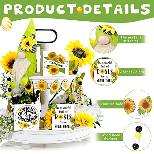 Yookeer 13 Pieces Sunflower Tiered Tray Decor Sunflower Wooden Kitchen Signs Sunflower Gnome Flags Faux Flower Beaded Garland Decor Set My Sunshine Farmhouse Decor for Spring Summer Fall Rustic Decor