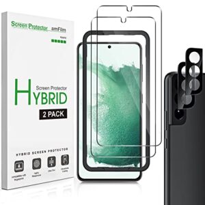 amFilm Screen Protector for Samsung Galaxy S22 5G 6.1 Inch [100% Fingerprint ID Compatible] with Tempered Glass Camera Lens Protector and Easy Installation Tray, HD Clear, Hybrid Film, 2+2 Pack