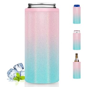 fanfeigo slim can cooler for skinny beer beverage stainless steel double wall vacuum insulated drink holder for 12 oz regular or slim cans & bottles cooler (shiny pink-blue)