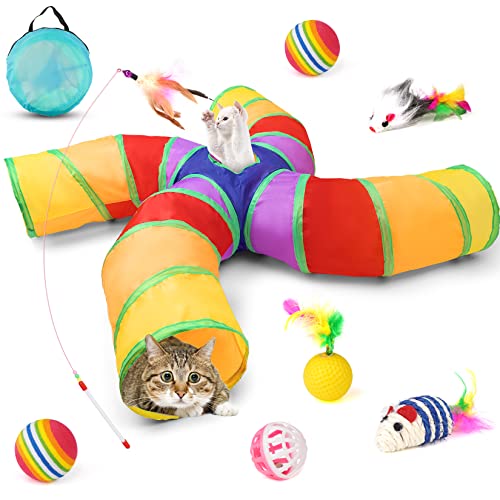 ANZNKU Cat Tunnel, Collapsible Cat Tunnels for Indoor Cats, Kitten Toys, Catnip Cat Toys for Indoor Cats, Rainbow Pinwheel Shape 4 Entrance Cat Tube, Set of 11 Toys for Puppy Kitty Kitten Rabbit