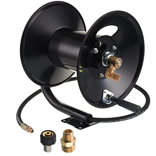 M MINGLE High Pressure Washer Hose Reel 150ft, Heavy Duty Steel Hose Reel, Manual Crank Power Washer Hose Reel with 3/8" Pressure Wash Whip Hose, Swivel Arm and Mounting Bracket, 4000 PSI