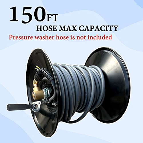 M MINGLE High Pressure Washer Hose Reel 150ft, Heavy Duty Steel Hose Reel, Manual Crank Power Washer Hose Reel with 3/8" Pressure Wash Whip Hose, Swivel Arm and Mounting Bracket, 4000 PSI