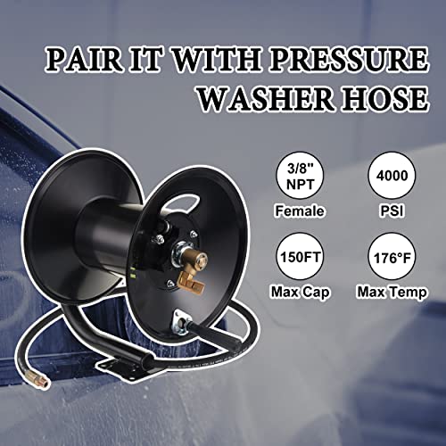 M MINGLE High Pressure Washer Hose Reel 150ft, Heavy Duty Steel Hose Reel, Manual Crank Power Washer Hose Reel with 3/8" Pressure Wash Whip Hose, Swivel Arm and Mounting Bracket, 4000 PSI