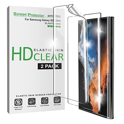 amFilm Elastic Skin Screen Protector for Samsung Galaxy S22 Ultra 5G 6.8 inch, Fingerprint ID Compatible, HD Clear, TPU Film Full Coverage, Thermoplastic Polyurethane, 2 Pack