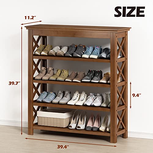 Bamworld Shoe Rack 5 Tier Wooden Storage Benches Rustic Solid Wood Free Standing Shoe Shelf for Entryway Hallway (R-Brown,39.4")