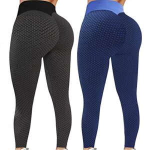 2 pack high waisted leggings for women with pockets, womens butt lifting tummy control yoga pants buttery soft leggings blue