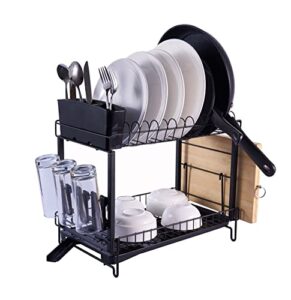 yp dish drying rack with drainboard, 2 tier dish drainers for kitchen counter, kitchen dish rack organizer with removable utensil holder, black