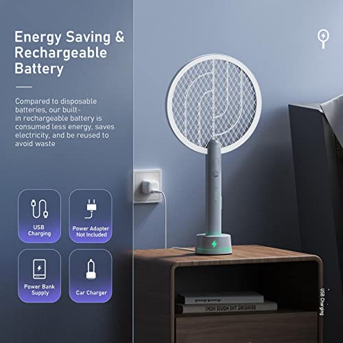 Electric Fly Swatter Racket, Mosiller 4000V 2 in 1 Bug Zapper with USB Rechargeable Base, Powerful Mosquitoes Trap Lamp & Fly Killer with 3 Layer Safety Mesh for Home, Bedroom, Kitchen, Patio (1 Pack)