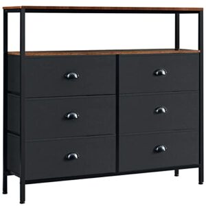 praisun larger dresser for bedroom, 6 drawers dresser with shelves, chest of drawers for living room, hallway, closets and nursery - black
