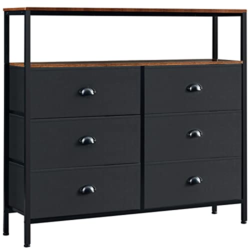 PRAISUN Larger Dresser for Bedroom, 6 Drawers Dresser with Shelves, Chest of Drawers for Living Room, Hallway, Closets and Nursery - Black