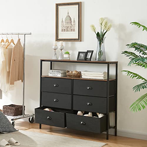 PRAISUN Larger Dresser for Bedroom, 6 Drawers Dresser with Shelves, Chest of Drawers for Living Room, Hallway, Closets and Nursery - Black