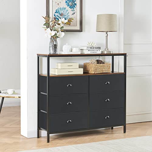 PRAISUN Larger Dresser for Bedroom, 6 Drawers Dresser with Shelves, Chest of Drawers for Living Room, Hallway, Closets and Nursery - Black