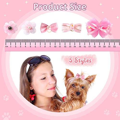 40 Pieces Dog Bows Cute Puppy Dog Bowknot Hair Bows Handmade Hair Accessories Bow with Rubber Bands Lace Organza Puppy Bows Rhinestone Pearls Dog Hair Ties Multicolor Dog Hair Grooming Accessories