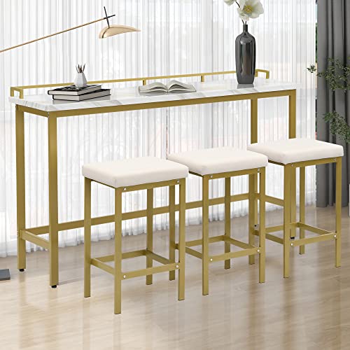 P PURLOVE 4 Piece Counter Height Dining Table Set Long Console Dining Table Set Bar Kitchen Set with 3 PU Stools for Living Room Kitchen Room