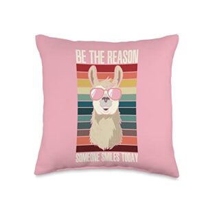 pink llama stuff be the reason someone smiles today-llama lama throw pillow, 16x16, multicolor