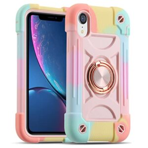 markill compatible with iphone xr case 6.1 inch with ring stand, heavy-duty military grade shockproof phone cover with magnetic car mount for iphone xr 6.1. (rainbow pink)
