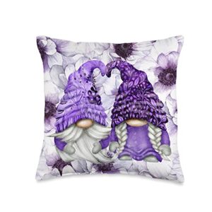 purple gnome designs for gnomie lovers unique purple gnome with lilac anemones floral aesthetic throw pillow, 16x16, multicolor