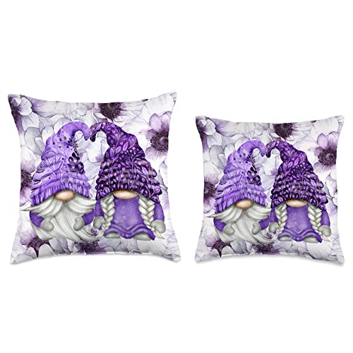 Purple Gnome Designs For Gnomie Lovers Unique Purple Gnome with Lilac Anemones Floral Aesthetic Throw Pillow, 16x16, Multicolor