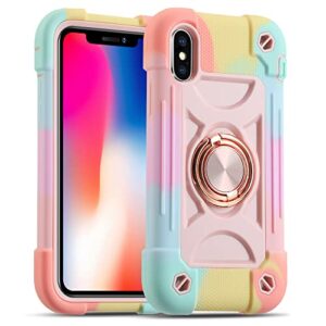 markill compatible with iphone x/iphone xs case 5.8 inch with magnetic car mount ring stand, heavy-duty military grade shockproof phone cover for iphone x/xs. (rainbow pink)