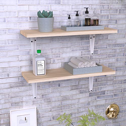 JAWU Set of 2 Pine Wood Floating Shelves - Decorative Hanging Farmhouse Rustic Shelves for Wall, Home, Kitchen, Bathroom, Bedroom - Wooden Shelf with L-Brackets, Screws, Plastic Plugs - 17x5.5x0.6