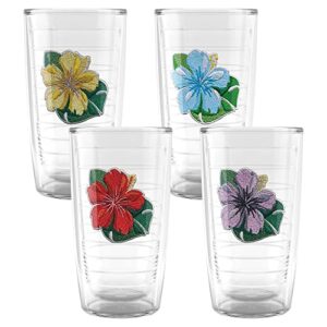 tervis island tropical hibiscus collection made in usa double walled insulated tumbler cup keeps drinks cold & hot, 16oz 4pk, assorted tropical hibiscus - no lid