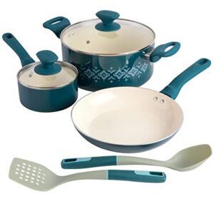 spice by tia mowry savory saffron 7-piece healthy nonstick ceramic cookware set - teal